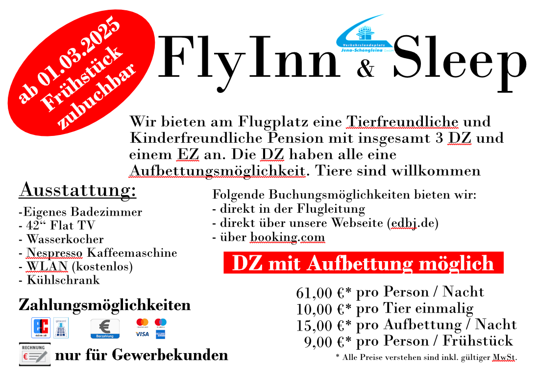 Werbung für die Zimmer vom FlyInn&Sleep auf dem Flugplatz Jena-Schoengleina